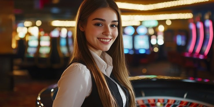 Live dealer at baccarat table with player and banker cards displayed on screen
